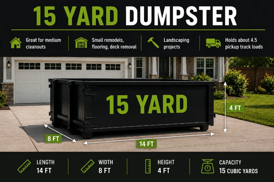 15-yard roll-off dumpster rental Conway AR — most popular dumpster size from $320 for bathroom remodels and residential cleanouts
