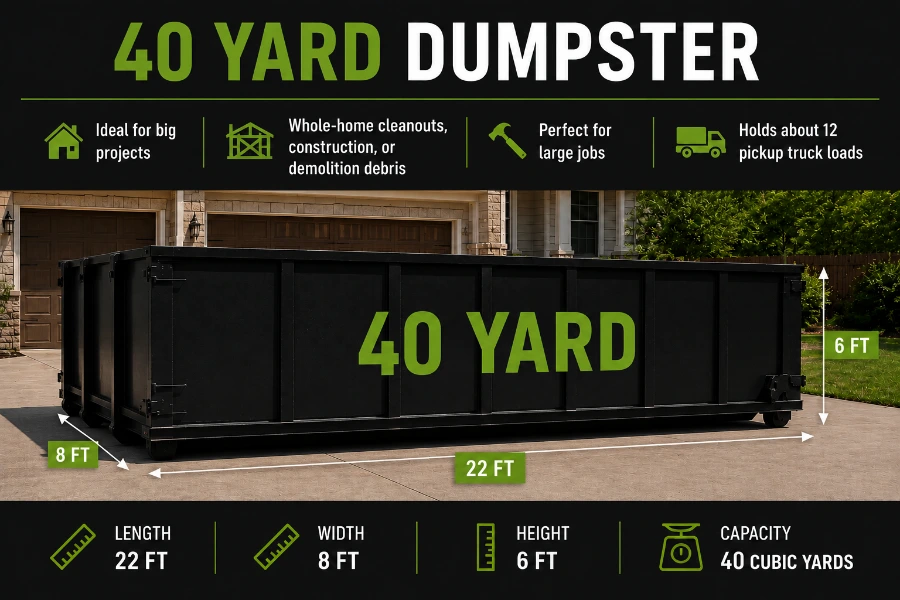 40-yard roll-off dumpster rental Conway AR — largest container for commercial demolition and large construction projects